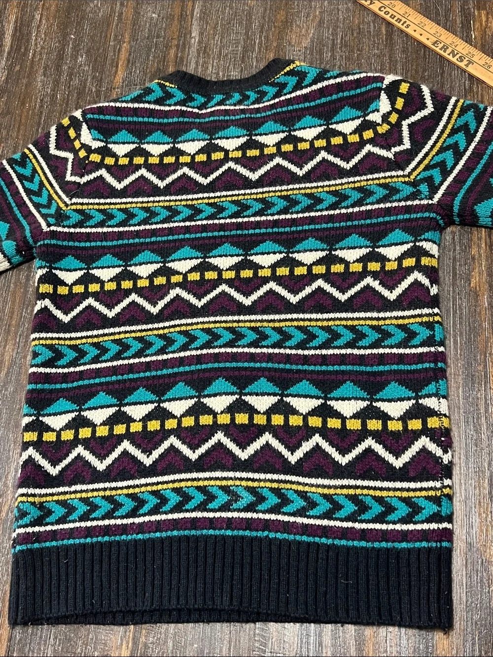Vintage 90’s Crewneck Fair Isle Sweater in Black with Teal & Yellow Accents